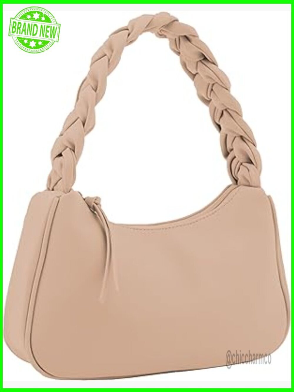 Small Vegan Leather Hobo Tote with Braided Handle, Zipper Closure